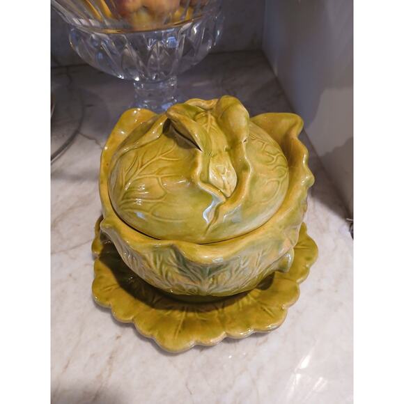 Cabbage Lettuce Turain Serving Bowl Lid Dish Platter Green Ceramic Cottage Farm - Picture 1 of 16
